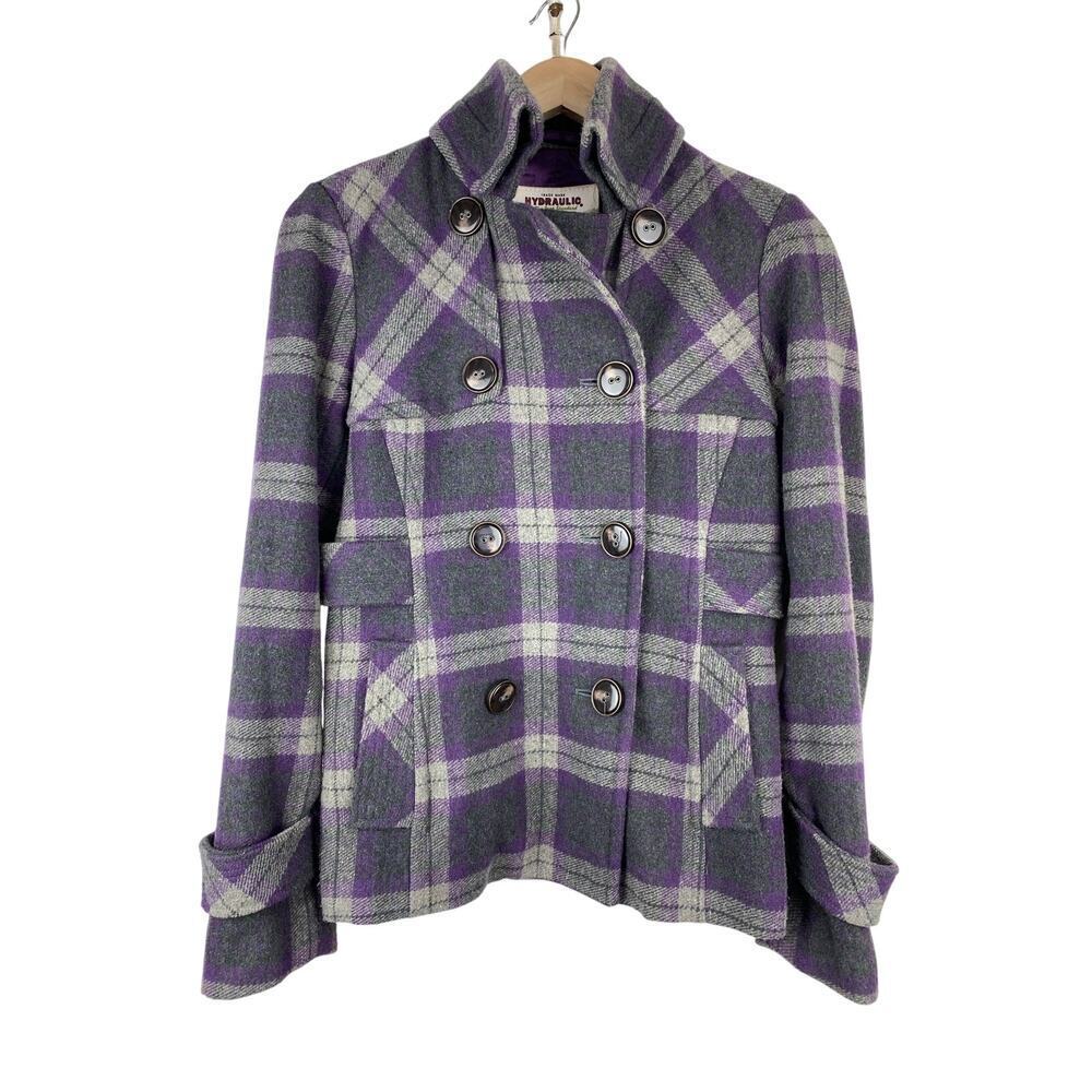 Hydraulic Women's S Purple Gray Plaid Double‎ Breasted Peacoat *